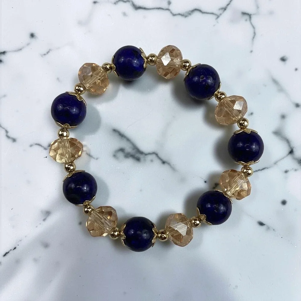 Handmade Mexican 3 Stretch Bracelets Lapis Lazuli Crystal Gold Flower Charm Blue